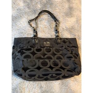 COACH Madison Sateen Tote Shoulder Handbag Leather Chain Shoulder Tote Bag Black